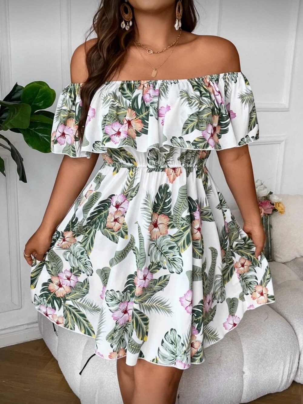 SHEIN White Tropical Floral Off-Shoulder Strapless Dress